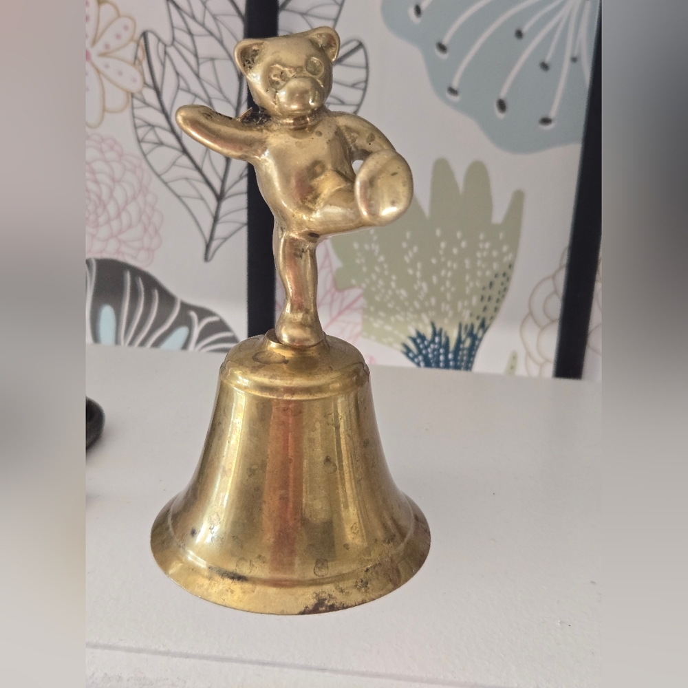 Vintage Solid Brass Dancing Teddy Bear Hand Bell | Whimsical Nursery Decor - Picture 6 of 7